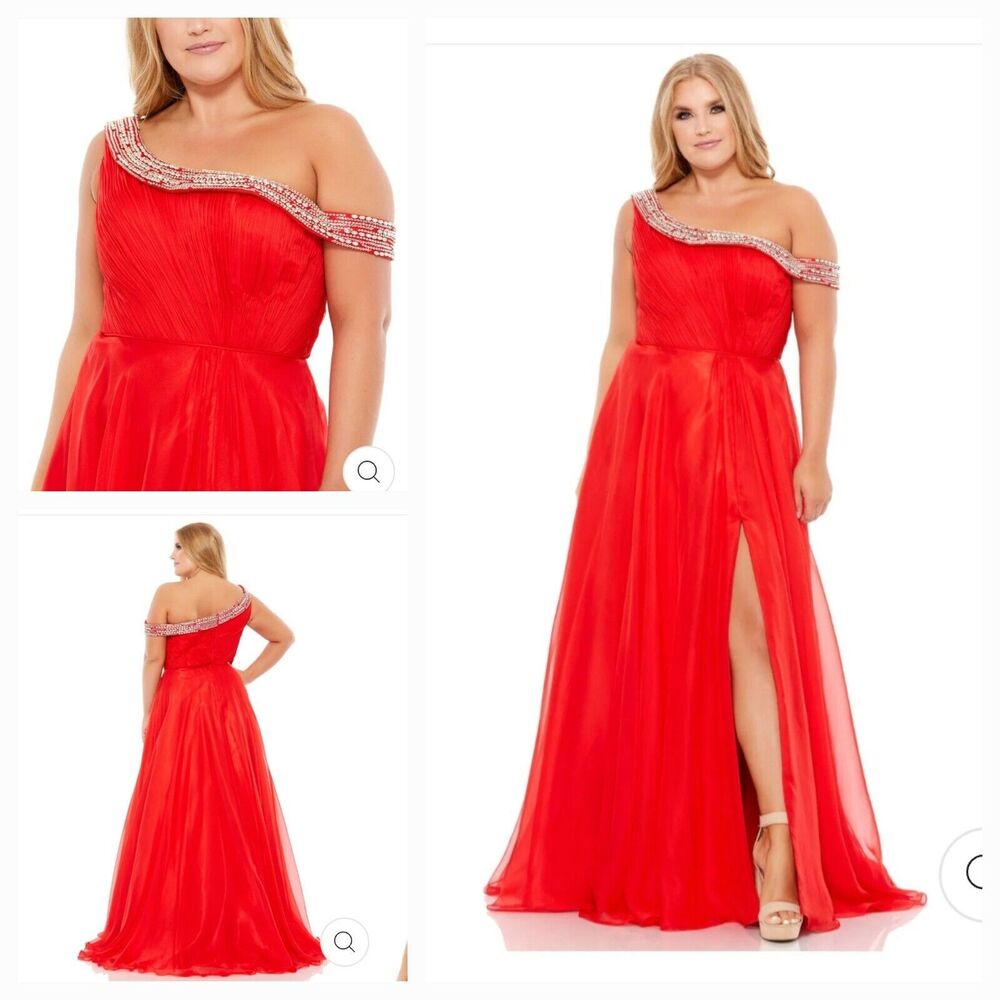 New MAC DUGGAL 67727 Red Beaded Drop Shoulder Pleated Flowy Gown Wn's (14W)-$458